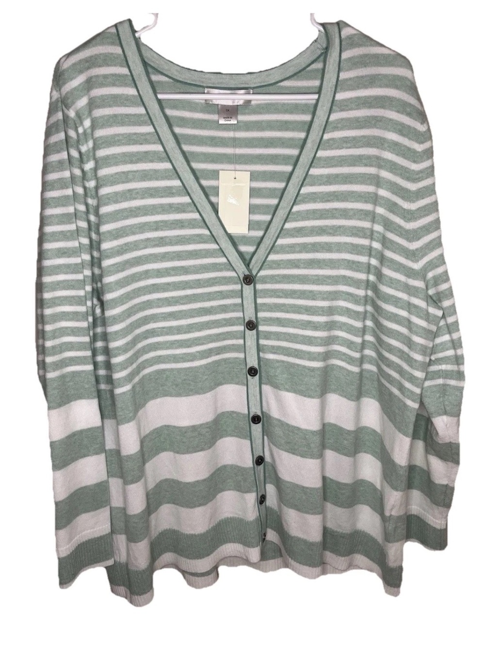 CJ Banks Women's Cardigan Sweater V Neck Mint Green White Striped Size 1X NWT